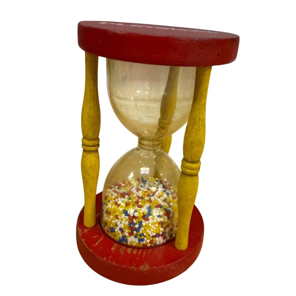 Vintage Playskool Wooden Hourglass Bead Timer Red Yellow Primary Colors Toy